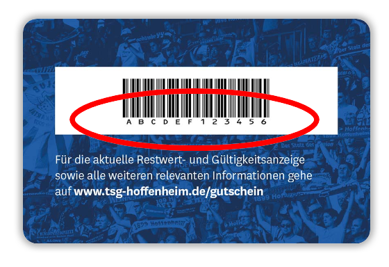 Rückseite eines TSG-Wertgutscheins mit sichtbarer Nummer unter dem Strichcode
